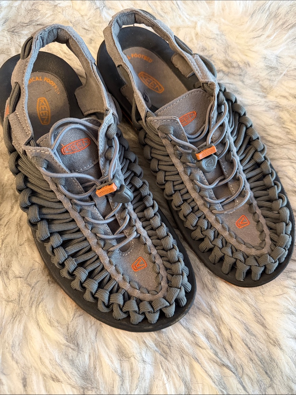 Keen Men's Grey Woven UNEEK Sandals with Orange Accents